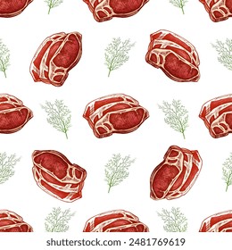 Hand-drawn vector seamless pattern of beef steak, sirloin, piece of meat. Doodle vintage sketch illustration. Decorations for the menu of cafes and labels. Engraved image.