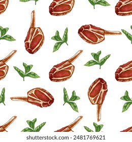 Hand-drawn vector seamless pattern of beef steak with greens, piece of meat on the bone. Doodle vintage sketch illustration. Decorations for the menu of cafes and labels. Engraved image.