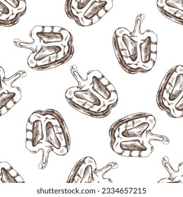 Hand-drawn vector seamless pattern of bell pepper. Vintage doodle illustration. Sketch for cafe menus and labels. The engraved image.