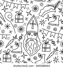 Hand-drawn vector seamless pattern in black outline. Saint Nicholas Day, Sinterklaas. Traditional holiday. Christmas, New Year's design, shoes, carrots, star. For wrapping paper print, textile product