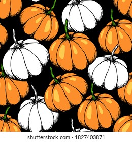 Hand-drawn vector seamless pattern. Bright orange, white pumpkins on a black background. For prints of fabric, paper, textile products. Autumn festive design.