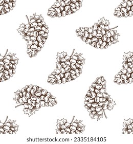Hand-drawn vector seamless pattern of bunch of grapes. Vintage doodle illustration. Sketch for cafe menus and labels. The engraved image.
