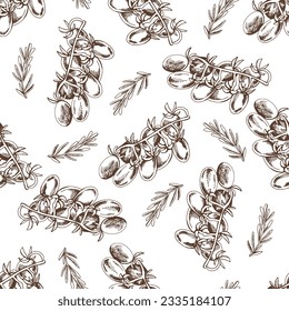 Hand-drawn vector seamless pattern of bunch of tomatoes and rosemary. Vintage doodle illustration. Sketch for cafe menus and labels. The engraved image.