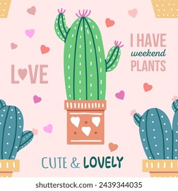 Hand-drawn vector seamless pattern of cacti with calligraphy, lettering. Flat style graphic design of spiny plants, blooming cacti, succulent plants in colorful ceramic pots. Home plants, mexico.