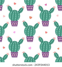 Motif harmonieux de cactus vectoriel dessiné à la main. Illustration à plat de plante épineuse, cactus en fleurs, plante succulente dans un pot en céramique colorée. plante domestique, fleur de cactus mexique.