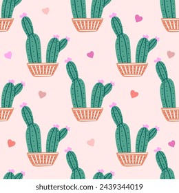 Hand-drawn vector seamless pattern of cactus. Flat style illustration of spiny plant, blooming cactus, succulent plant in colorful ceramic pot. Home plant, mexico cactus flower.