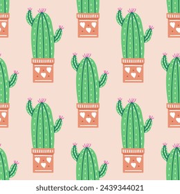 Motif harmonieux de cactus vectoriel dessiné à la main. Illustration à plat de plante épineuse, cactus en fleurs, plante succulente dans un pot en céramique colorée. plante domestique, fleur de cactus mexique.