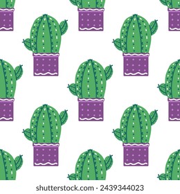 Motif harmonieux de cactus vectoriel dessiné à la main. Illustration à plat de plante épineuse, cactus en fleurs, plante succulente dans un pot en céramique colorée. plante domestique, fleur de cactus mexique.