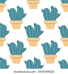 Motif harmonieux de cactus vectoriel dessiné à la main. Illustration à plat de plante épineuse, cactus en fleurs, plante succulente dans un pot en céramique colorée. plante domestique, fleur de cactus mexique.
