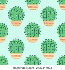 Hand-drawn vector seamless pattern of cactus. Flat style illustration of spiny plant, blooming cactus, succulent plant in colorful ceramic pot. Home plant, mexico cactus flower.