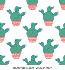 Hand-drawn vector seamless pattern of cactus. Flat style illustration of spiny plant, blooming cactus, succulent plant in colorful ceramic pot. Home plant, mexico cactus flower.