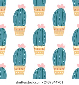 Motif harmonieux de cactus vectoriel dessiné à la main. Illustration à plat de plante épineuse, cactus en fleurs, plante succulente dans un pot en céramique colorée. plante domestique, fleur de cactus mexique.