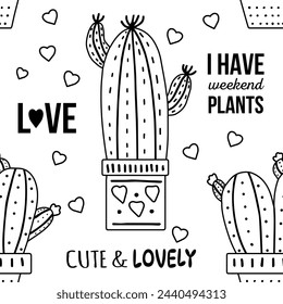 Hand-drawn vector seamless pattern of cactus. Outline doodle style illustration of spiny plant, blooming cactus, succulent plant in ceramic pot. Home plant, mexico cactus flower.	