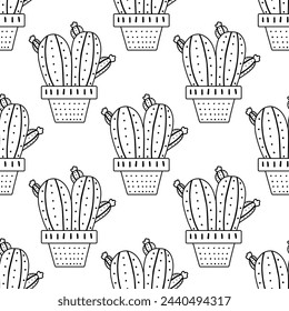 Hand-drawn vector seamless pattern of cactus. Outline doodle style illustration of spiny plant, blooming cactus, succulent plant in ceramic pot. Home plant, mexico cactus flower.	