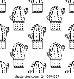 Motif harmonieux de cactus vectoriel dessiné à la main. Illustration type gribouillage de plante épineuse, cactus en floraison, plante succulente en pot céramique. plante domestique, fleur de cactus mexique.	