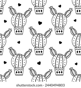 Motif harmonieux de cactus vectoriel dessiné à la main. Illustration type gribouillage de plante épineuse, cactus en floraison, plante succulente en pot céramique. plante domestique, fleur de cactus mexique.	