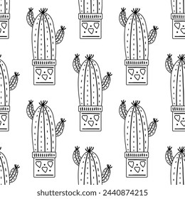 Motif harmonieux de cactus vectoriel dessiné à la main. Illustration type gribouillage de plante épineuse, cactus en floraison, plante succulente en pot céramique. plante domestique, fleur de cactus mexique.