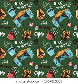 Hand-drawn vector seamless pattern with camping mood. Made of campfire, cups, warm socks, teapot, vintage van, glasses etc on dark background. Perfect for holiday, hiking, traveling themed design 