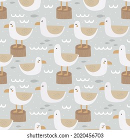 Hand-drawn vector seamless pattern. Cartoon seagulls, sea, waves, fish. Pastel colors and texture. Minimalist marine print with birds for children's textiles, nursery decoration in Scandinavian style.