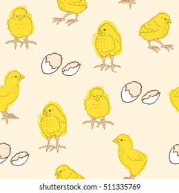 Hand-drawn vector seamless pattern with chickens and eggs on beige background. Rural natural bird farming. Illustration for textile, paper, cards, book, web design, banner. Happy easter