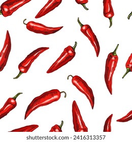 Hand-drawn vector seamless pattern of chili pepper. Vintage doodle illustration. Sketch for cafe menus and labels. The engraved image.