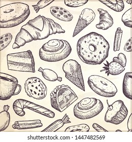 Hand-drawn vector seamless pattern with cookies, cakes, donuts, ice cream and other sweets.