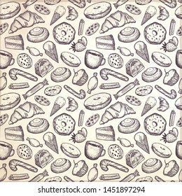 Hand-drawn vector seamless pattern with cookies, cakes, donuts, ice cream and other sweets.