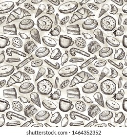 Hand-drawn vector seamless pattern with cookies, cakes, donuts, ice cream and other sweets.