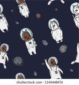 Hand-drawn vector seamless pattern with cute funny bears astronaut on a spacewalk. Isolated objects. The design concept for children. Notebooks, labels, diary, accessories-school.