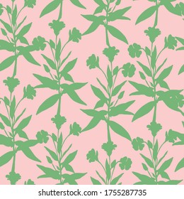 Hand-drawn vector seamless pattern in ecologic style, silhouettes of herbs in pink background. Zero-waste, recycle eco-friendly tools. Packaging design, wrapping gifts, wallpaper web page background.