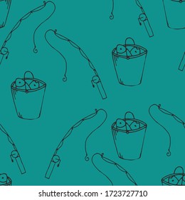 hand-drawn vector seamless pattern, fish in a bucket, fishing rod and catch on a turquoise background