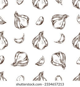 Hand-drawn vector seamless pattern of garlic. Vintage doodle illustration. Sketch for cafe menus and labels. The engraved image.