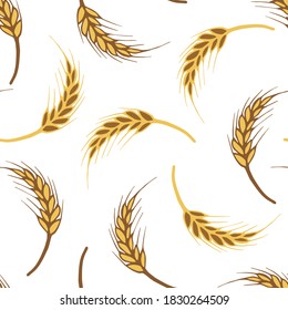 Hand-drawn vector seamless pattern. Golden, brown ears of wheat on a white background. For prints of textile products, packaging, labels. Cereals, flour, bread, pastries.