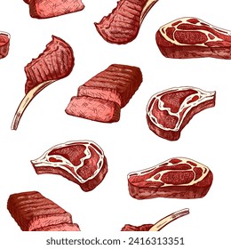 Handgezeichnete, nahtlose Vektorgrafik von gegrilltem Rindfleisch Steak, Stück Fleisch. Vintage doodle Illustration. Skizze für Café-Menüs und Labels. Das gravierte Bild.