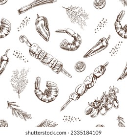 Hand-drawn vector seamless pattern of kebabs, shrimp, greens, mushrooms. Vintage doodle illustration. Sketch for cafe menus and labels. The engraved image.