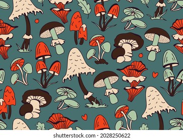 Hand-drawn vector seamless pattern with mushrooms in orange, beige, brown and green on a dark background. Illustration in retro and cottage-core style with plants of the autumn forest.