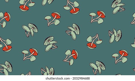Hand-drawn vector seamless pattern with mushrooms in orange, beige, brown and green on a dark background. Illustration in retro and cottage-core style with plants of the autumn forest.
