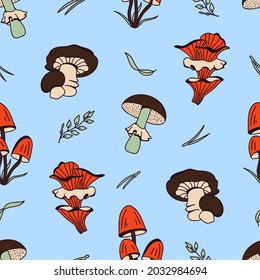Hand-drawn vector seamless pattern with mushrooms in orange, beige, brown and green on a blue background. Illustration in retro and cottage-core style with plants of the autumn forest.