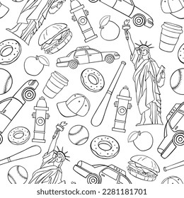 hand-drawn vector seamless pattern with New York doodles black and white symbol, suitable for coloring