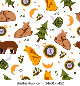 Hand-drawn vector seamless pattern on white background with wild animals: fox, bear and deer plus forest and objects connected to camping topic: compass, moon, pine, strawberry, stars and cup.