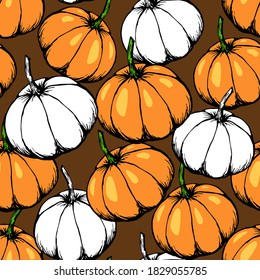 Patrón sin fisuras del vector dibujado a mano. Calabazas naranjas blancas en un fondo marrón. Para impresiones de tela, productos textiles de cocina, manteles, cortinas. Diseño estacional de otoño.