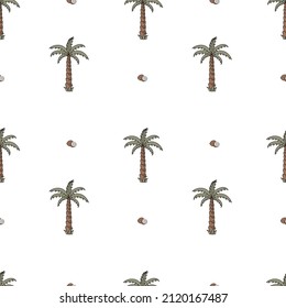 Hand-drawn vector seamless pattern with palm trees and coconuts.