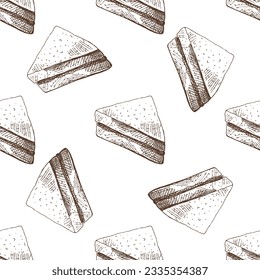 Hand-drawn vector seamless pattern of  piece of sandwich. Vintage doodle illustration. Sketch for cafe menus and labels. The engraved image.