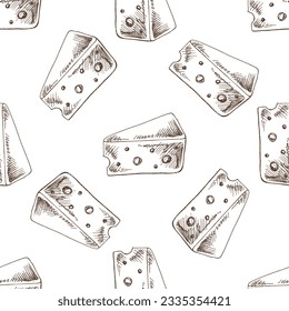 Vector de mano, patrón sin fisuras de pedazos de queso. Ilustración de doodle vintage. Esbozo para menús y etiquetas de cafés. La imagen grabada.