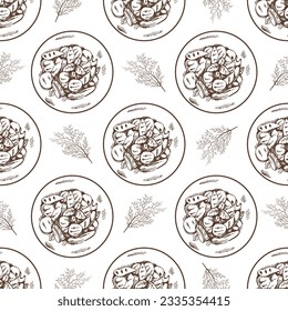 Hand-drawn vector seamless pattern of plate of grilled vegetables. Vintage doodle illustration. Sketch for cafe menus and labels. The engraved image.