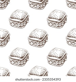 Hand-drawn vector seamless pattern of sandwich. Vintage doodle illustration. Sketch for cafe menus and labels. The engraved image.