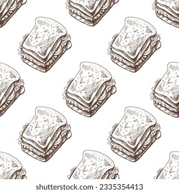 Hand-drawn vector seamless pattern of sandwich. Vintage doodle illustration. Sketch for cafe menus and labels. The engraved image.