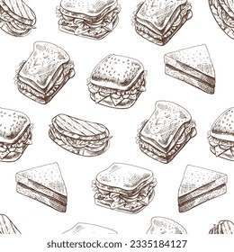 Hand-drawn vector seamless pattern of sandwiches. Vintage doodle illustration. Sketch for cafe menus and labels. The engraved image.