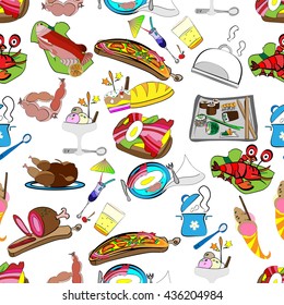 hand-drawn vector seamless pattern of a set of restaurant food, grocery wrapper