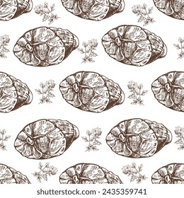 Hand-drawn vector seamless pattern of sliced ham with parsley. Italian prosciutto vintage sketch. Butcher shop. Great for label, restaurant menu. Engraved sketch image.	